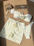 Sexy Flower Strap Solid Color Bikini Skirt Three-Piece Swimsuit