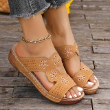 Plus Size Flower Slippers Women's Slip-On Stitched Flat Thick Sole Open Toe Hollow Sandals