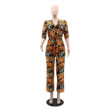 Women V Neck Puff Sleeve Chic Tie Casual Jumpsuit