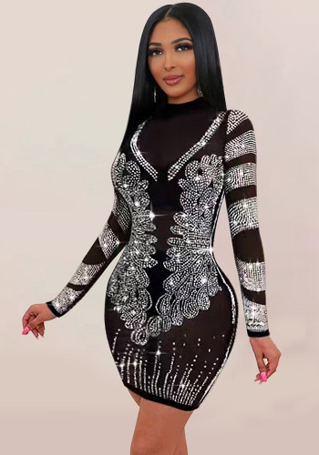Sexy And Trendy Beaded Long-Sleeved See-Through Slim-Fitting Nightclub Dress