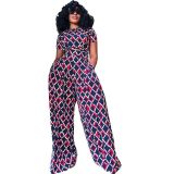 Spring And Summer Multicolor Short Sleeve Top Wide Leg Trousers Plus Size Women's Casual Two Piece Pants Set