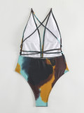 Women's Tie-Dye Printed Deep V-Neck One-Piece Lace-Up Swimsuit