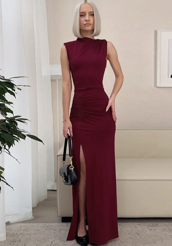 Summer Solid Color Fashion Trend Slim High Waist Sleeveless Side Slit Long Dress