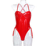 Solid Color Pu Leather Side Lace-Up Tight Fitting Strap Bodysuit Women's Lingerie