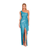 Women's One-Shoulder Lace-Up Sequined Evening Dress