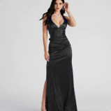 Women Black Formal Party Elegant Satin Strap Dress