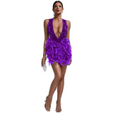 Summer Women's Deep V Neck Low Back Sequin Feather Bodycon Dress