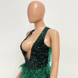 Summer Women's Deep V Neck Low Back Sequin Feather Bodycon Dress