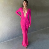 Women's Long-Sleeved Sexy Deep V-Neck Pleated Slim Long Dress