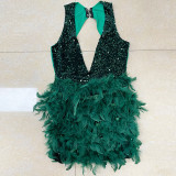 Summer Women's Deep V Neck Low Back Sequin Feather Bodycon Dress