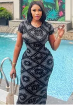 Women Summer Vintage Printed Round Neck Short Sleeve Midi Dress