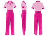 Women's Summer Patchwork Contrast Color Turndown Collar Short Sleeve Top Wide Leg Pants Fashion Two Piece Set