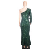Women's One Shoulder Long Sleeve Sequined Dinner Slit Fishtail Long Dress Evening Dress