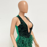 Summer Women's Deep V Neck Low Back Sequin Feather Bodycon Dress