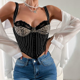 Women Sexy Leopard Print Lace Backless Suspender Striped Steel Ring Top