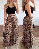 Women's Spring And Summer Chic Elegant Black Vest Leopard Print High Waisted Wide Leg Pants Two Piece Set