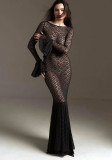 Women Summer Sexy See-Through Lace Round Neck Lace Mermaid Dress