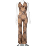 Women's Summer Fashion Striped Printed Sleeveless Halter Neck Tie Low Back Jumpsuit