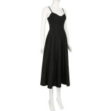 Chic Solid Color Black Strap Slim A-Line Long Dress