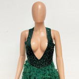 Summer Women's Deep V Neck Low Back Sequin Feather Bodycon Dress