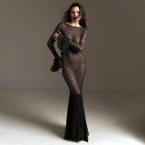 Women Summer Sexy See-Through Lace Round Neck Lace Mermaid Dress