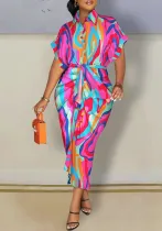 Plus Size Short Sleeve Button Printed Shirt Dress