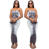 Women Sexy Retro Print Strapless Top And Bodycon Slit Skirt Two-piece Set