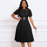 Women Short Sleeve Lace Patchwork Pleated African Dress