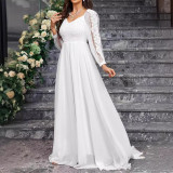 Solid Color Elegant V-Neck Slim Long-Sleeved Wedding Dress Tail Formal Party Gown