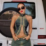 Women Sleeveless Halter Neck Backless Denim Tank Top