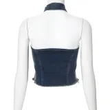 Women Sleeveless Halter Neck Backless Denim Tank Top