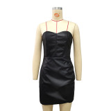 Women Strapless Sexy Bodycon Pu-Leather Dress