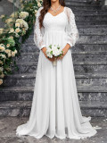 Solid Color Elegant V-Neck Slim Long-Sleeved Wedding Dress Tail Formal Party Gown