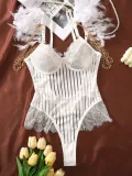Fashionable And Sexy Lace Mesh Low Back Feather Sexy One-Piece Bodysuit Lingerie