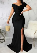 Summer Plus Size Women's Sexy Solid Color V-Neck Slit Nightclub Long Dress