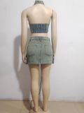 Women suspenders Top and pocket Denim Skirt two-piece set