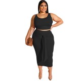 Summer Plus Size Women's Solid Color Fashion Sleeveless Two Piece Skirt Set