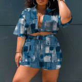Plus Size Women Printed Short Sleeve Shirt And Shorts Two-piece Set