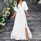 Elegant White V-Neck Slit Half-Sleeve Bow Tie Spring And Summer Women's Dress