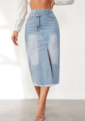 Front Slit High Waist Women's Denim Skirt