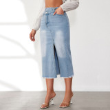 Front Slit High Waist Women's Denim Skirt
