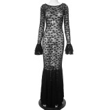 Women Summer Sexy See-Through Lace Round Neck Lace Mermaid Dress