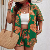 Summer Women's Fashion Printed Casual Holidays Style Cardigan Shorts Set