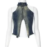 Women Sleeveless Halter Neck Backless Denim Tank Top