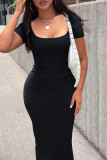 Fashion Ribbed Solid Color Square Neck Short Sleeve Slim Dress Women's Clothing