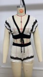 Women's Crochet Two Piece Set Contrast Color Lace-Up Tank Top Shorts Set