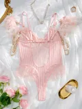 Fashionable And Sexy Lace Mesh Low Back Feather Sexy One-Piece Bodysuit Lingerie