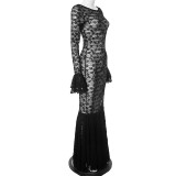 Women Summer Sexy See-Through Lace Round Neck Lace Mermaid Dress