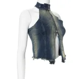 Women Sleeveless Halter Neck Backless Denim Tank Top