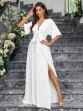 Elegant White V-Neck Slit Half-Sleeve Bow Tie Spring And Summer Women's Dress